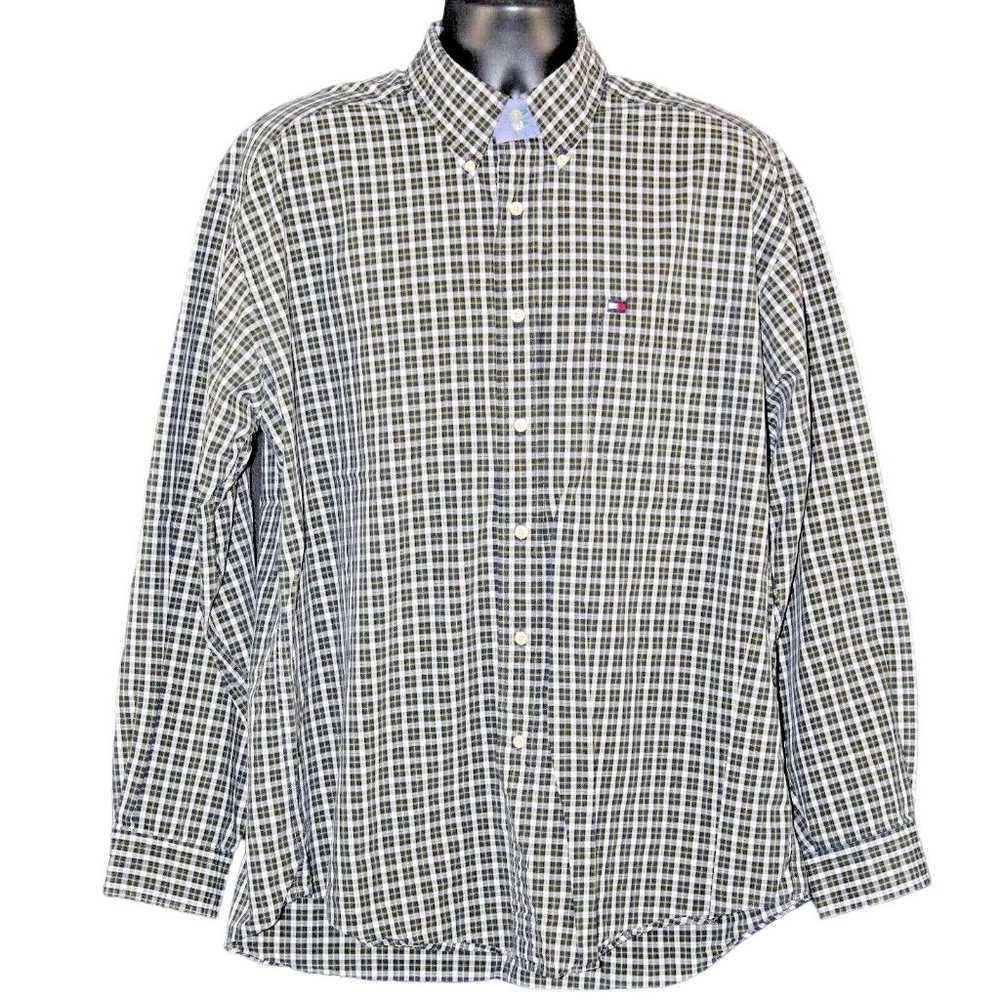 VTG Tommy Hilfiger XL 90's Big Flag Logo Green Yellow Check Oxford Dress Shirt